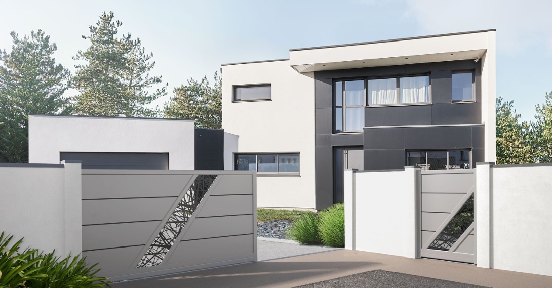 Mettez en valeur le caractère de votre maison et souligner sa modernité avec le portail aluminium Bellando, fabriqué sur-mesure en France par Charuel
